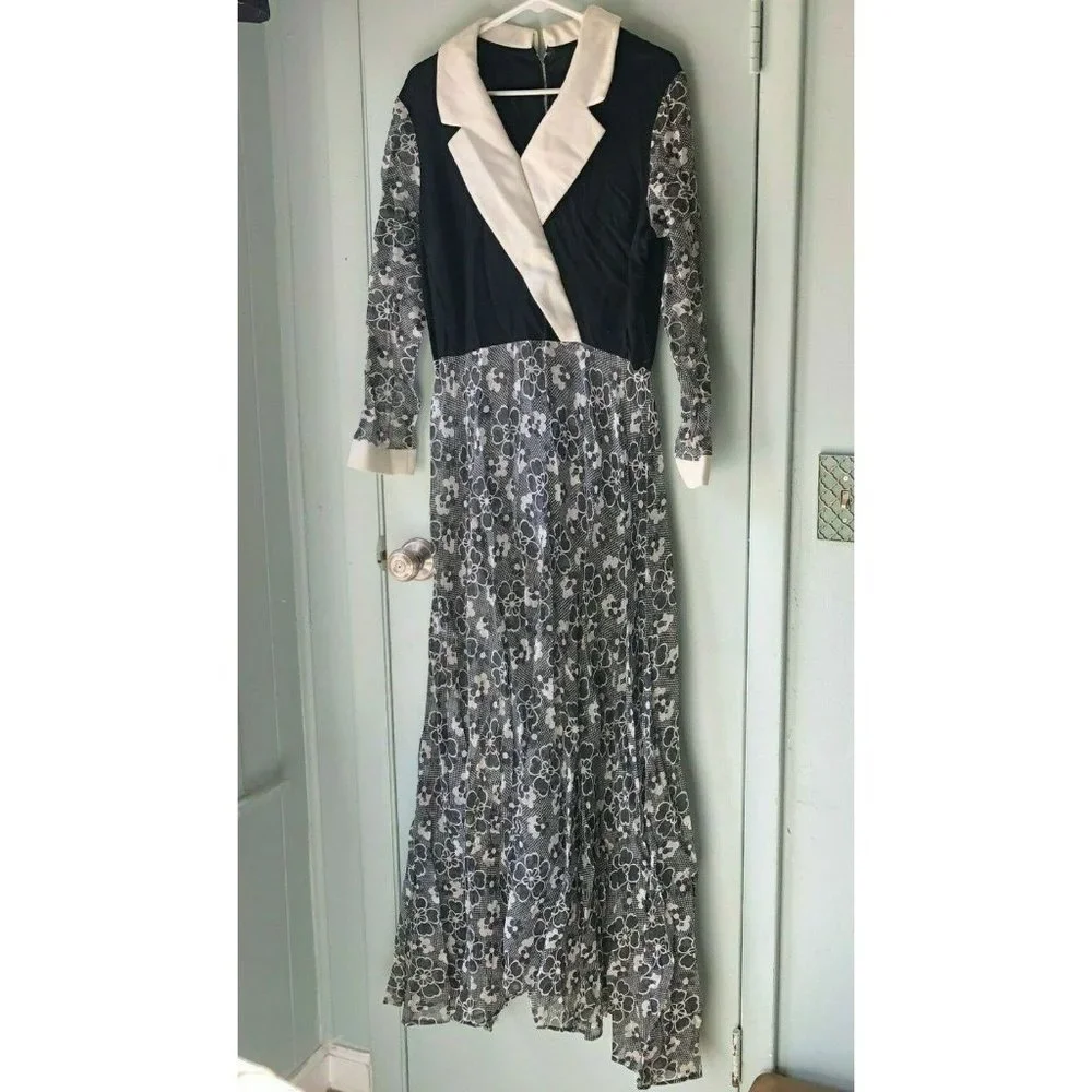 vintage maxi dress Black Floral White collar Mod sheer skirt romantic modest